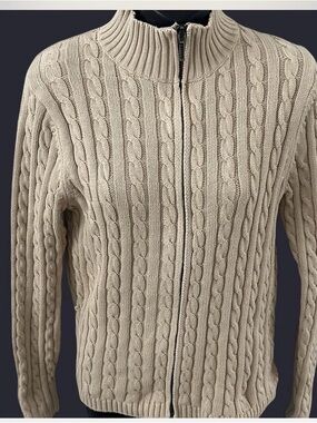 Cable Knit Zip-Up Sweater Jacket in Beige